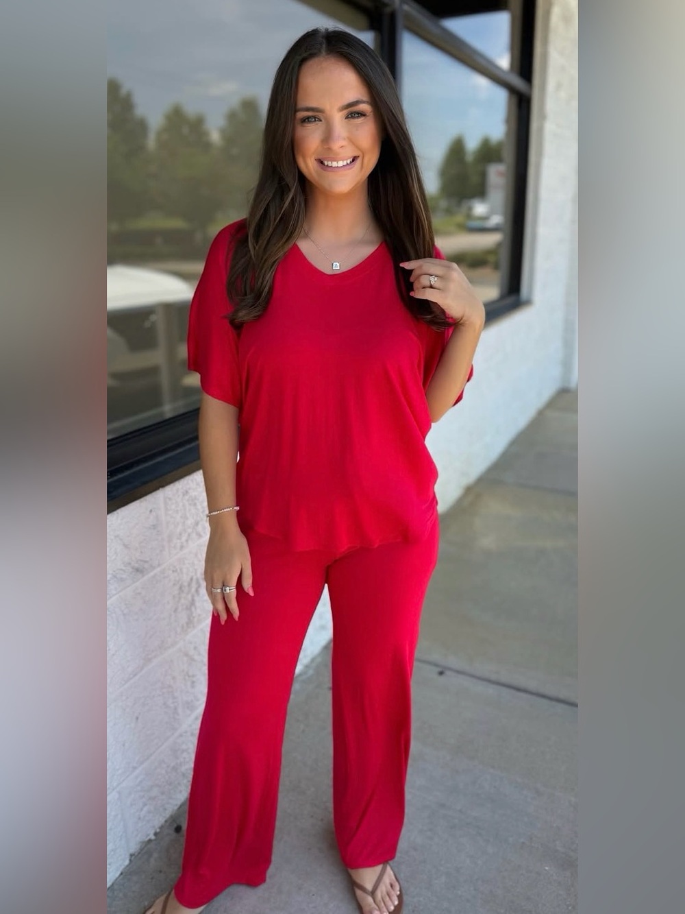 Zenana- Red Short Sleeve Top & Wide Leg Pants Lounge Set